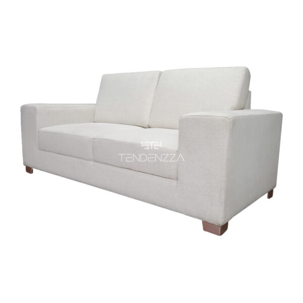 Sofá Lineal de 3 puestos para la sala, con dos asientos para que se vea más amplio, tapizado en tela tipo lino color arena. Sofás modernos en Bucaramanga