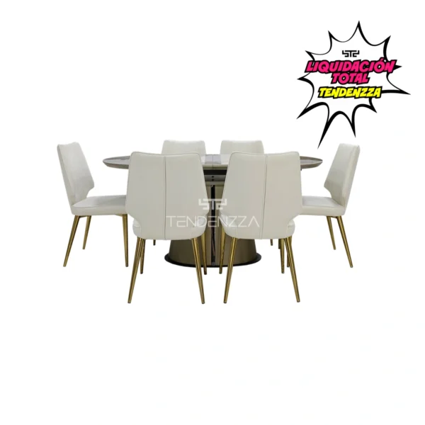 Comedor Extensible de 4 a 6 puestos, comedor moderno con mesa ovalada ampliable, seis sillas con patas metálicas color dorado y tapizado en tela textura suave color vainilla. Comedor importado, mesa extensible, comedores en Bucaramanga