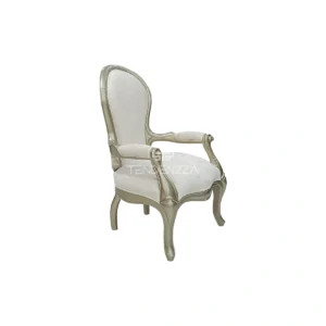 Costado derecho de la Silla Isabelina para sala, en madera pintada en Poliuretano color dorado y tapizada en tela beige. Silla Isabelina antigua, Silla Isabelina en Bucaramanga, Silla Isabelina moderna. Muebles en oferta en Bucaramanga