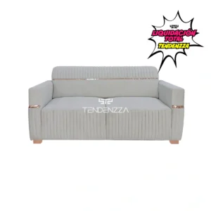 Sofás en oferta. Sofá Trivoli de 2 puestos color gris, sofá pequeño para oficina. Tapizado en tela antifluido y amigable con mascotas, con detalles color oro rosa. Sofá para la sala. Sofás en Bucaramanga.