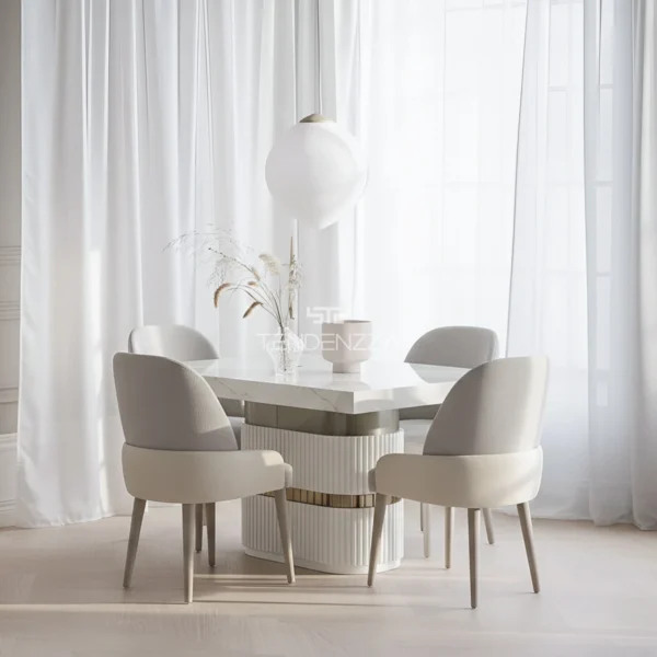 Comedor París de 4 puestos, un comedor en madera pequeño, pintado en Poliuretano color blanco y mesa con acabado marmolizado, cuatro sillas con tapizado de fácil limpieza. Comedor de 4 puestos moderno, Juegos de comedor en Bucaramanga. Comedores en oferta en Bucaramanga
