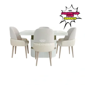 Comedor de 4 puestos económicos, Comedor París de 4 puestos, un comedor en madera pequeño, pintado en Poliuretano color blanco y mesa con acabado marmolizado, cuatro sillas con tapizado de fácil limpieza. Comedor de 4 puestos moderno, Juegos de comedor en Bucaramanga. Comedores en oferta en Bucaramanga