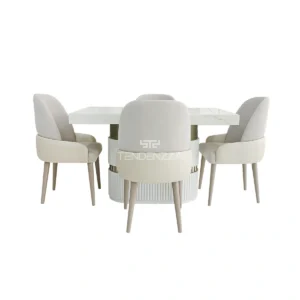 Comedor París de 4 puestos, un comedor en madera pequeño, pintado en Poliuretano color blanco y mesa con acabado marmolizado, cuatro sillas con tapizado de fácil limpieza. Comedor de 4 puestos moderno, Juegos de comedor en Bucaramanga. Comedores en oferta en Bucaramanga