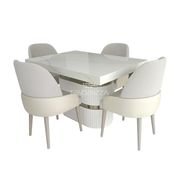 Comedor París de 4 puestos, un comedor en madera pequeño, pintado en Poliuretano color blanco y mesa con acabado marmolizado, cuatro sillas con tapizado de fácil limpieza. Comedor de 4 puestos moderno, Juegos de comedor en Bucaramanga. Comedores en oferta en Bucaramanga