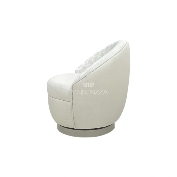 Vista lateral de la Silla auxiliar Manhattan, Silla auxiliar redonda para la sala con base giratoria y tapizada en tela tejida look especial y estampado de flores, Silla Auxiliar beige, Silla auxiliar en Bucaramanga, Sillas auxiliares modernas. Muebles en oferta en Bucaramanga