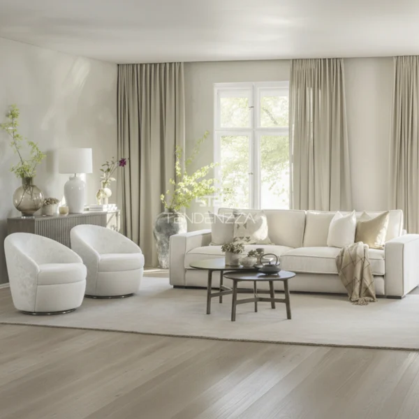 Sala principal con dos sillas auxiliares Manhattan, sofá de 3 puestos blanco, mesa de centro y alfombra. La silla auxiliar redonda con base giratoria, tapizada en tela tejida look especial y estampado de flores color beige, Silla Auxiliar beige, Silla auxiliar en Bucaramanga, Sillas auxiliares modernas. Muebles en oferta en Bucaramanga