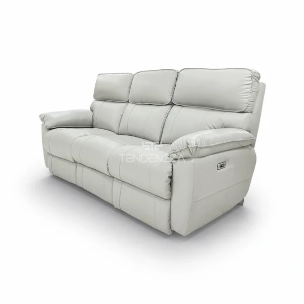 Costado izquierdo del Sofá Reclinable 3 puestos en Cuero natural color gris, con sistema Zero Gravity. Sofá Reclinable eléctrico, Reclinables en Cuero, Muebles Reclinables en Bucaramanga. Sofá para ver TV. Sofá Reclinable TENDENZZA de 3 puestos