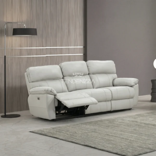 Sofá Reclinable TENDENZZA de 3 puestos en Cuero natural color gris, con sistema Zero Gravity. Sofá Reclinable eléctrico, Reclinables en Cuero, Muebles Reclinables en Bucaramanga. Sofá para ver TV.
