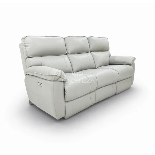 Costado derecho del Sofá Reclinable 3 puestos en Cuero natural color gris, con sistema Zero Gravity. Sofá Reclinable eléctrico, Reclinables en Cuero, Muebles Reclinables en Bucaramanga. Sofá para ver TV. Sofá Reclinable TENDENZZA de 3 puestos