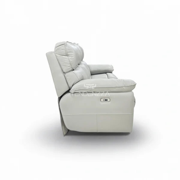 Vista lateral del Sofá Reclinable 3 puestos en Cuero natural color gris, con sistema Zero Gravity. Sofá Reclinable eléctrico, Reclinables en Cuero, Muebles Reclinables en Bucaramanga. Sofá para ver TV. Sofá Reclinable TENDENZZA de 3 puestos