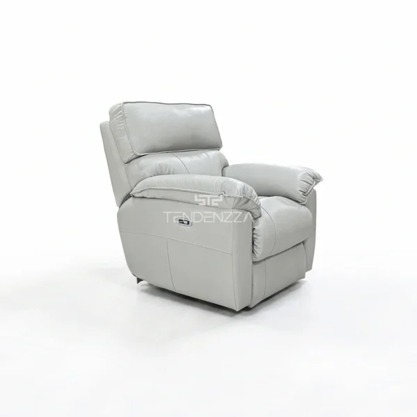 Costado derecho de la Silla Reclinable Tendenzza eléctrica en Cuero natural color gris, con sistema Zero Gravity. Sillón Reclinable eléctrico, Silla Reclinable en Cuero, Silla Reclinable en Bucaramanga, Silla Reclinable 1 puesto