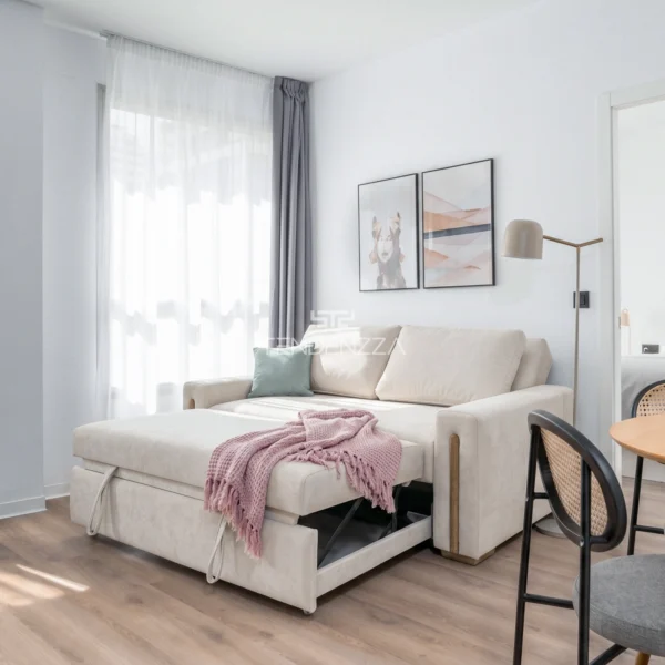 Sofá Cama Click Alpha, muebles para apartamentos pequeños. Sofá cama doble, práctico para convertirlo en cama y dormir hasta dos personas Sofá cama en Tela color taupé. Sofá cama de 2 puestos. Sofás cama modernos. Sofá cama en Bucaramanga