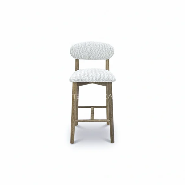 Silla de Barra Alice, Silla de barra para cocina, elaborada en madera Flormorado, con pintura en Poliuretano color natural. Asiento y espaldar tapizado en tela tipo burda. Silla de barra en Bucaramanga, Sillas de barra modernas, silla de barra en madera
