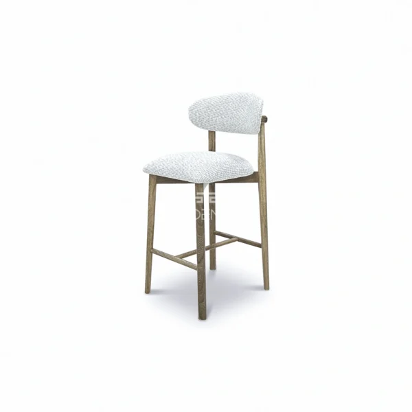 Lado izquierdo de la Silla de Barra Alice, Silla de barra para cocina, elaborada en madera Flormorado, con pintura en Poliuretano color natural. Asiento y espaldar tapizado en tela tipo burda. Silla de barra en Bucaramanga, Sillas de barra modernas, silla de barra en madera