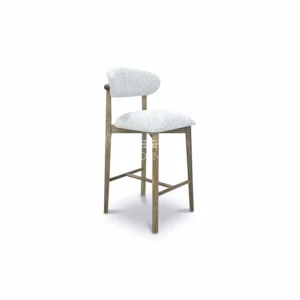 Vista derecho de la Silla de Barra Alice, Silla de barra para cocina, elaborada en madera Flormorado, con pintura en Poliuretano color natural. Asiento y espaldar tapizado en tela tipo burda. Silla de barra en Bucaramanga, Sillas de barra modernas, silla de barra en madera